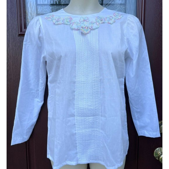 Vtg Bedford Fair Blouse Pastel Flower Collar Embroidery Secretary 80s Modest - Picture 1 of 10